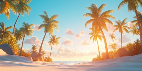 Tropical palm trees in a sunny setting, Tropical palm trees under bright sunlight