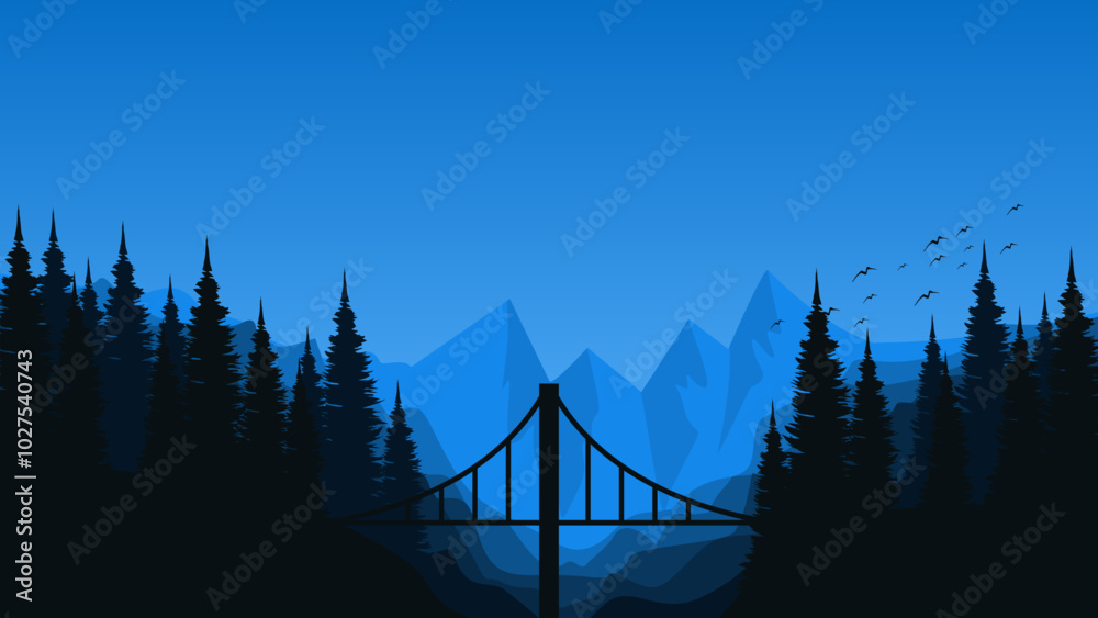 Poster mountain flat design with bridge vector illustration good for poster template, web banner, blog banner, website background, tourism promo poster, adventure design backdrop and advertising