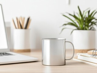 Elegant metal mug in a minimalistic office desk setup, perfect for business branding displays, metal mug mockup, corporate branding