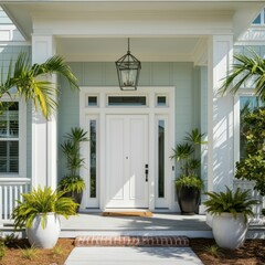 Main entrance door. White front door with porch. Exterior of georgian style home cottage house with columns.
