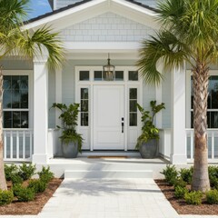 Main entrance door. White front door with porch. Exterior of georgian style home cottage house with columns.