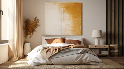 Interior of a cozy bedroom with a white canvas on the wall, warm colors.