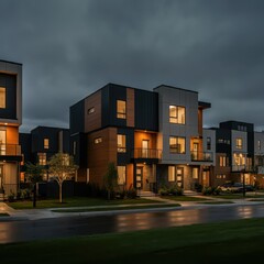 Modern modular private black townhouses. Residential architecture exterior. Created with generative Ai
