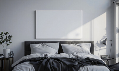 Interior of a cozy bedroom with a white canvas on the wall, warm colors.