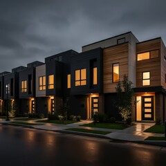 Obraz premium Modern modular private black townhouses. Residential architecture exterior. Created with generative Ai