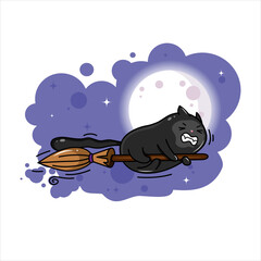 black cat flies on a broom. Halloween kawaii character