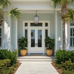 Main entrance door. White front door with porch. Exterior of georgian style home cottage house with columns.