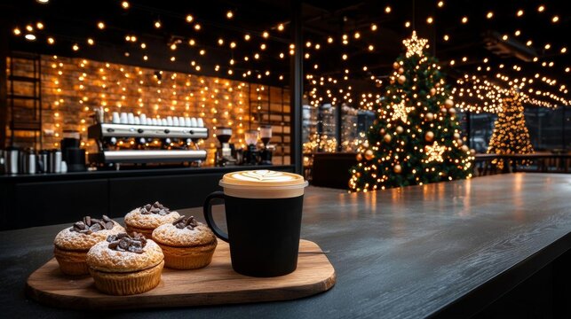 A cozy coffee shop offering Black Friday discounts on drinks and pastries, with holiday-themed decor and specials