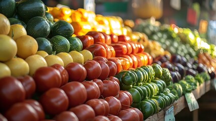 bulk produce at a local market, with colorful fruits and vegetables stacked high, symbolizing healthy eating and local sourcing