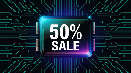 50% sale announcement on digital device with circuit background.