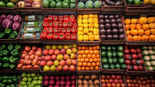 bulk produce at a local market, with colorful fruits and vegetables stacked high, symbolizing healthy eating and local sourcing