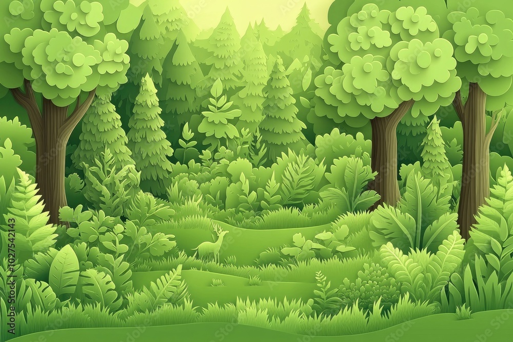 Poster lush evergreen laurel forest featuring moss and ferns in a rural park setting, dense green laurel fo