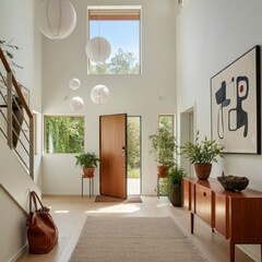 Wooden cabinet near window and staircase. Scandinavian interior design of modern entrance hall.
