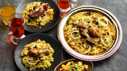 Arabian Menu, Kebuli Rice Served with red and orange drink. Top View. 