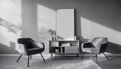 Interior Mockup of a Stylish Modern Salon Featuring Shelving with Decorative Accessories and Cozy Armchairs, Highlighting a Chic Contemporary Design with Warm, Inviting Ambiance for a Luxurious Experi