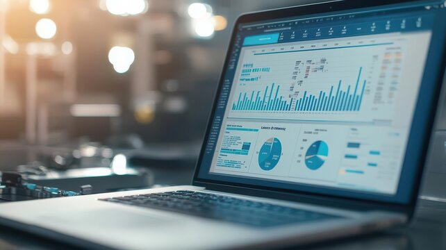Analyzing product quality on a laptop screen, close-up of data graphs and feedback reports