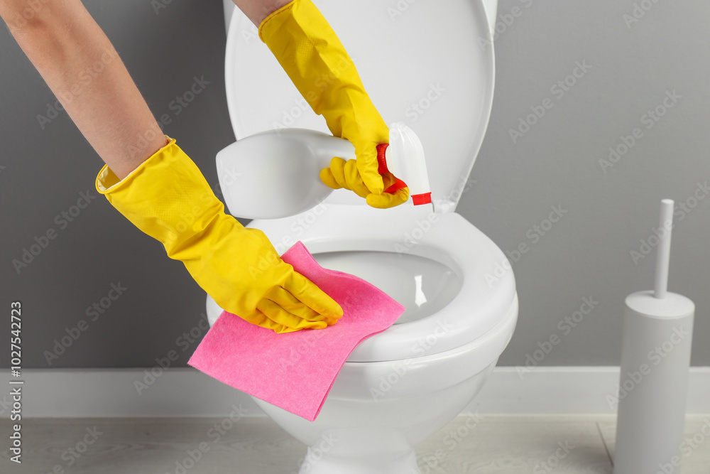 Wall mural Woman with spray and rag cleaning toilet seat in bathroom, closeup