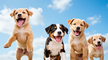 Four joyful puppies frolic together in a bright outdoor setting, showcasing their playful nature while enjoying the sunshine and fresh air
