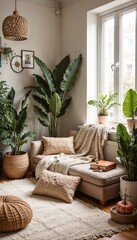 Stylish living area with plants, cozy cushions, and a blanket, creating a serene and inviting indoor atmosphere