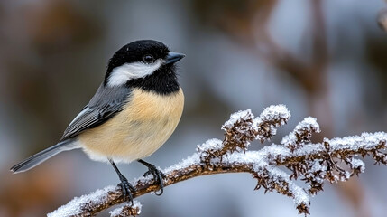 Obraz premium A small black-capped chickadee perched on a snow-covered branch, with a blurred background of more branches and a hint of brown leaves.
