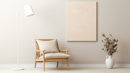 Empty Living Room with Beige Abstract Art and Comfortable Furnishing