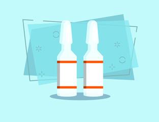 Obraz premium Couple of ampoules with labels. Glass, vial, injection. Medical help concept. Vector illustration can be used for topics like vaccination, cure, medication, treatment