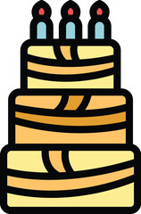 Delicious three tier cake with burning candles is waiting to be eaten at a party