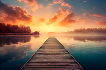 Fototapeta premium Walkway to a lake in perspective without railing and with a sunrise.