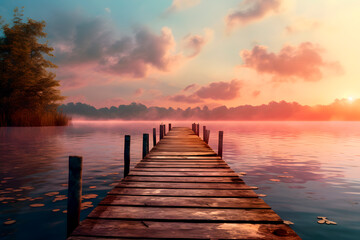 Obraz premium Walkway to a lake in perspective and with a sunrise.