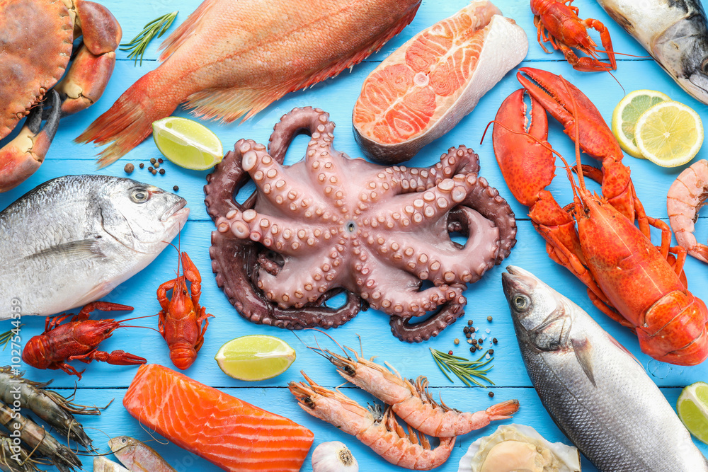 Poster Different sea food on light blue wooden table, flat lay