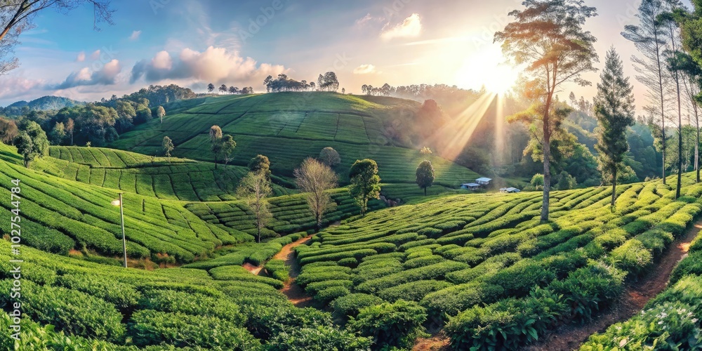 Poster Rolling hills of a lush tea plantation at sunrise.