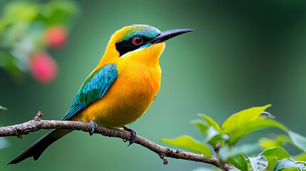 Obraz premium A small, brightly colored bird with a black head, yellow body, and green wings perched on a branch with green leaves.