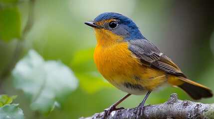 Fototapeta premium A small, colorful bird with blue, orange, and yellow plumage perches on a branch.