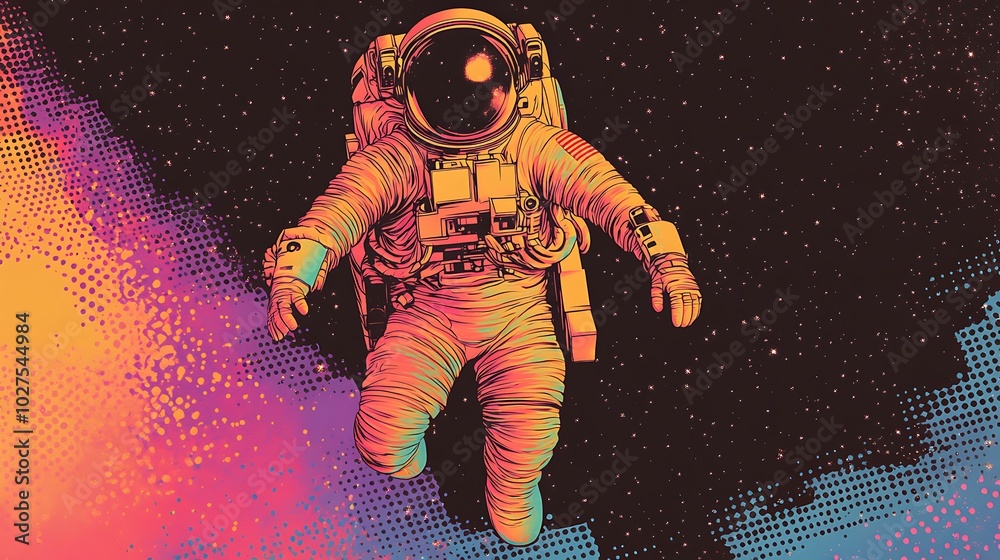 Poster an astronaut in a colorful space suit floats against a starry background.