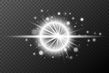 Light effect, Isolated white transparent flare explosion sparkle dust line solar flare spark star spotlight, vector special effect