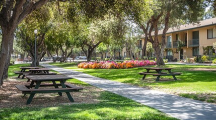 Obraz premium Serene Park with Picnic Tables and Colorful Flowers