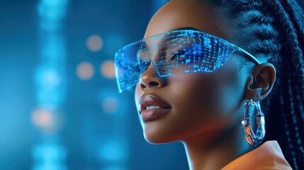 Female African American IT specialist analyzes advanced holographic data in a futuristic environment using augmented reality technology