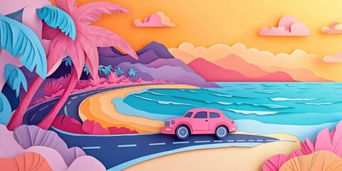 Car driving along a scenic coastal road in summer, enjoying the beachside highway views en route to a vacation destination