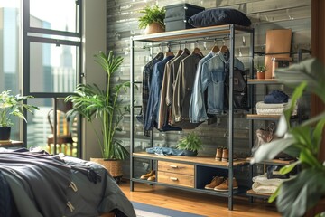 Stylish storage cabinet with wooden shelves and metal frame, placed near bedroom door, featuring neatly arranged books, plants, and shoes for an organized look.