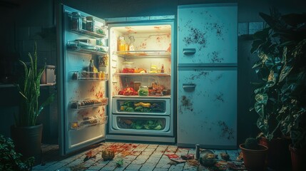 Messy Open Refrigerator with Food and Spills