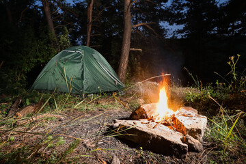 Bonfire and camping tent in forest at night