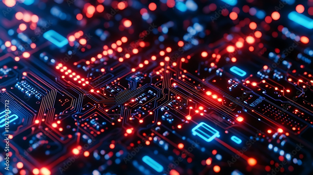 Poster close-up of a circuit board with glowing red and blue lights.