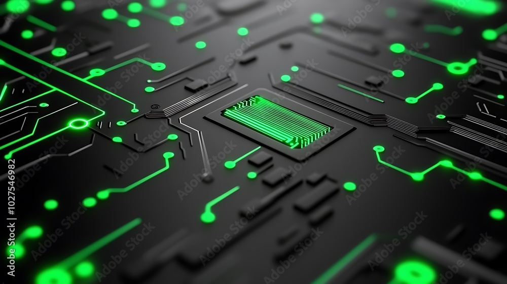 Poster close-up of a glowing green microchip on a dark circuit board.