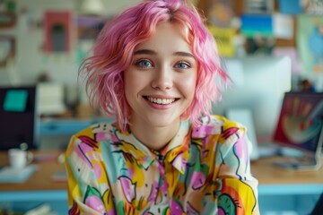 Fototapeta premium Close-up portrait of a smiling young woman with pink hair in a bright office