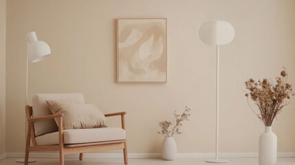 Empty Living Room with Beige Abstract Art and Comfortable Furnishing