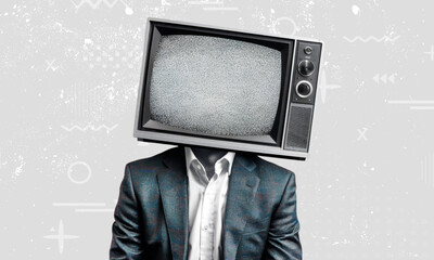 A person in a suit with a vintage TV as head displaying static.
