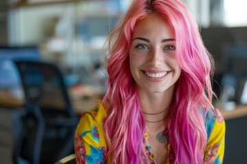 Fototapeta premium Close-up portrait of a smiling young woman with pink hair in a bright office