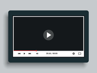 Flat black video player interface on the background of tablet. Vector on a gray background