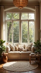 Bright and airy living room with a comfortable sofa, decorative pillows, and large windows overlooking greenery