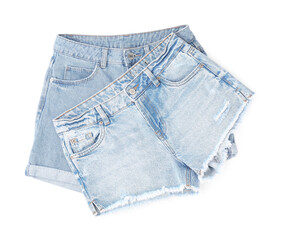 Stylish light blue denim shorts isolated on white, top view